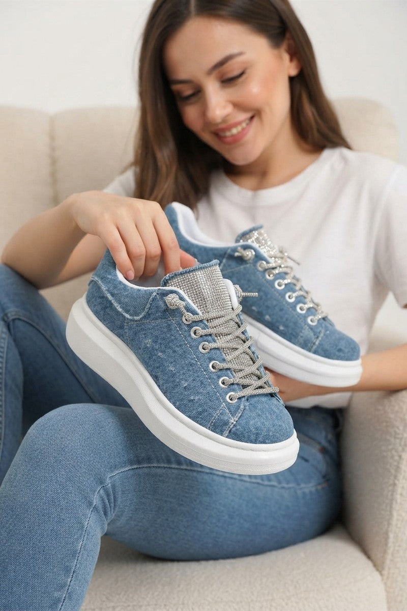 Silverhaven Premium Günlük Bağcıklı Ortopedik Taşlı Kadın Sneaker Mavi Kot