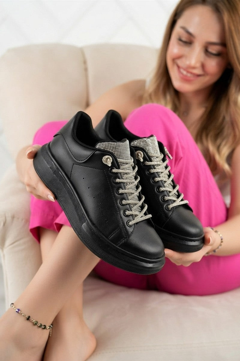 Silverhaven Premium Günlük Bağcıklı Ortopedik Taşlı Kadın Sneaker Siyah