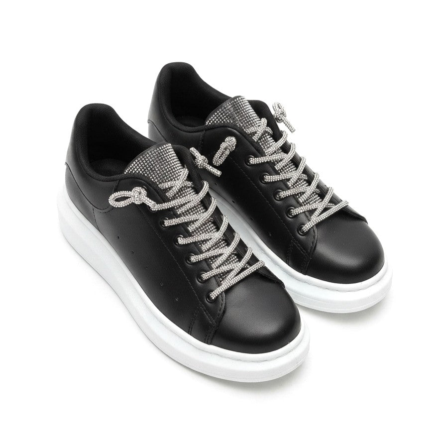 Silverhaven Premium Günlük Bağcıklı Ortopedik Taşlı Kadın Sneaker Siyah Beyaz
