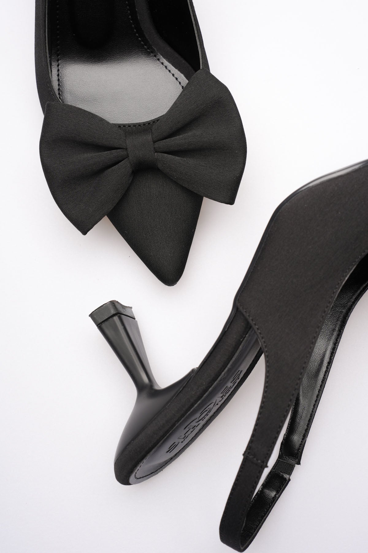 ZR-T1 Premium Siyah Fiyonklu Kitten Topuklu Slingback Kadın Topuklu Ayakkabı