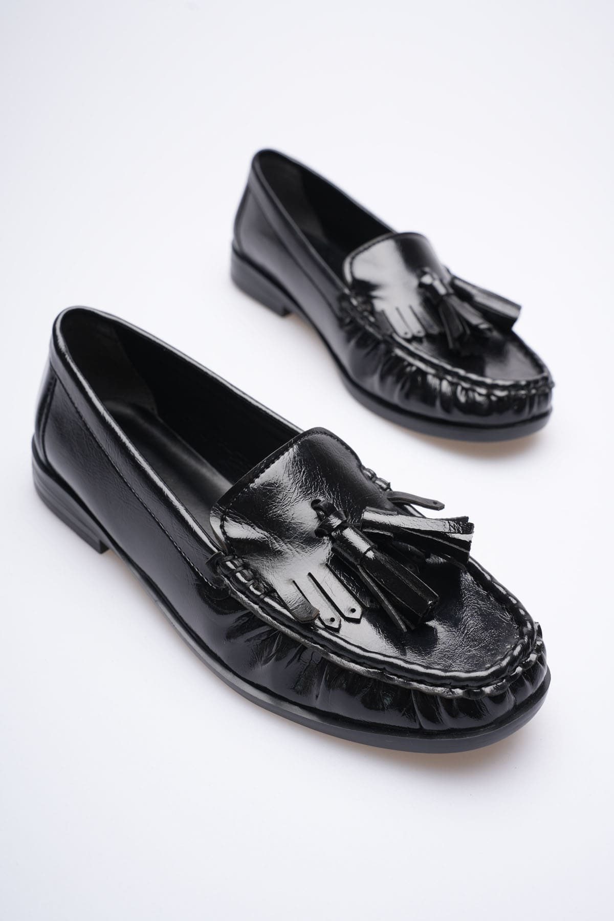 ZR88MS01 Premium Siyah Rugan Püsküllü Kadın Loafer Babet