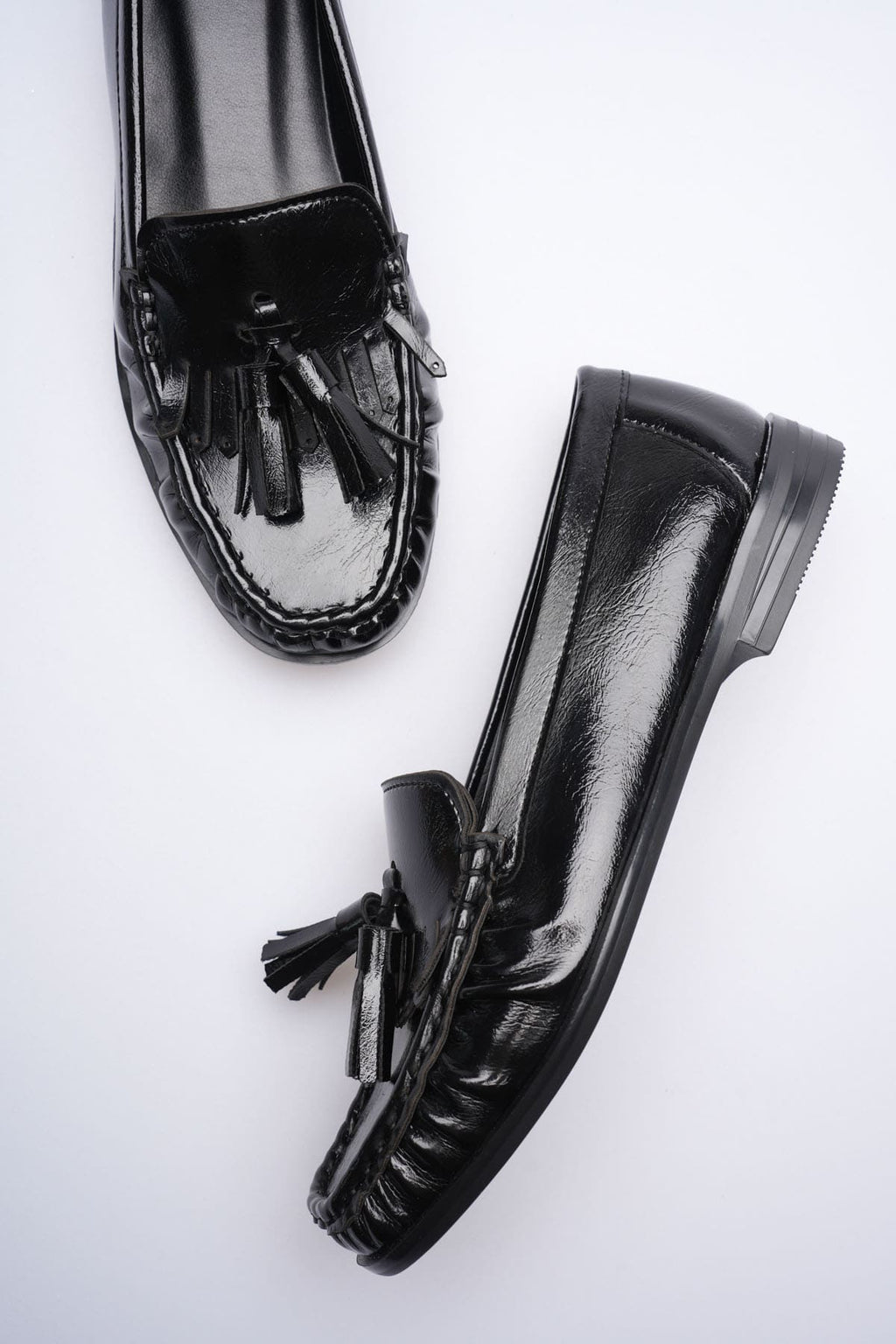 ZR88MS01 Premium Siyah Rugan Püsküllü Kadın Loafer Babet