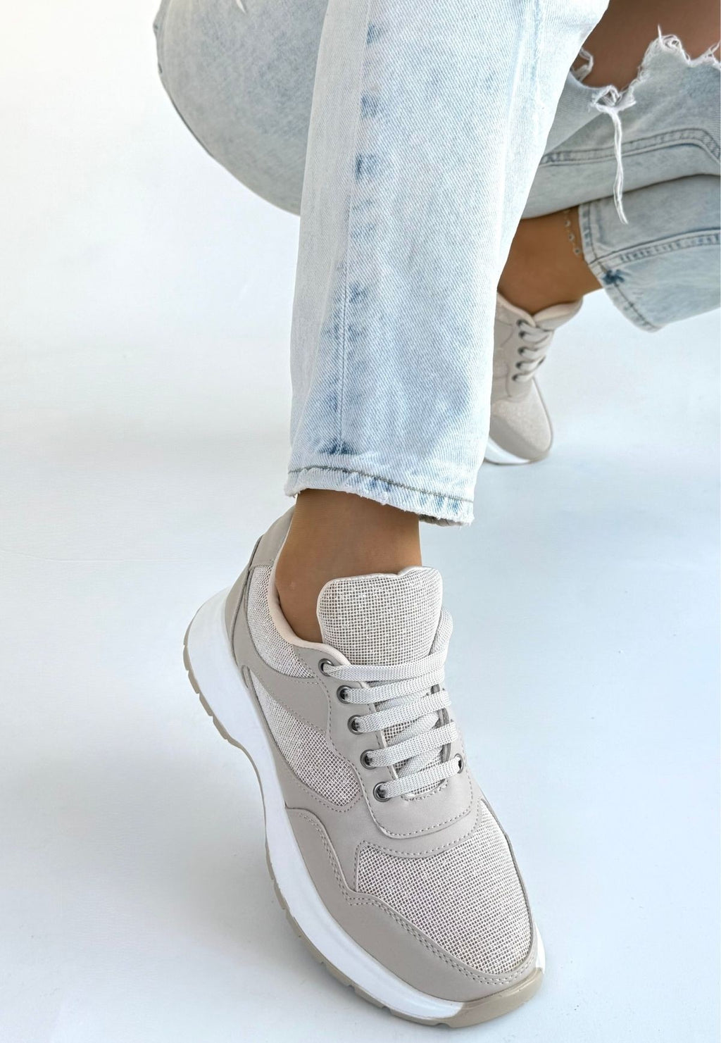 Slar Premium Bej Bağcıklı Triko Spor Ayakkabı