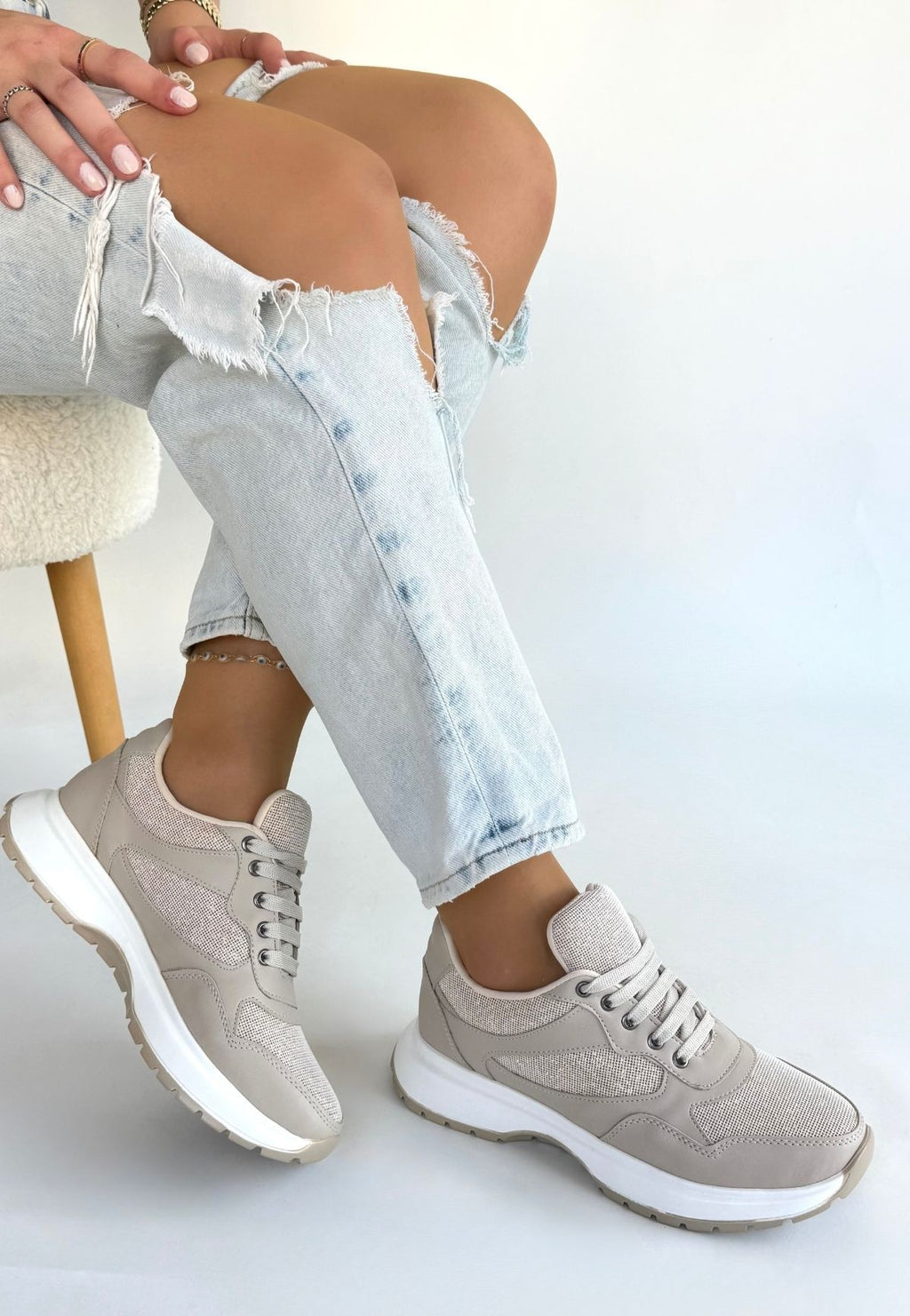 Slar Premium Bej Bağcıklı Triko Spor Ayakkabı