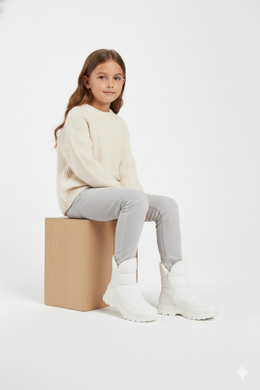 Snowly Beyaz Kaymaz Taban İçi Kürklü Fermuarlı Kar Botu