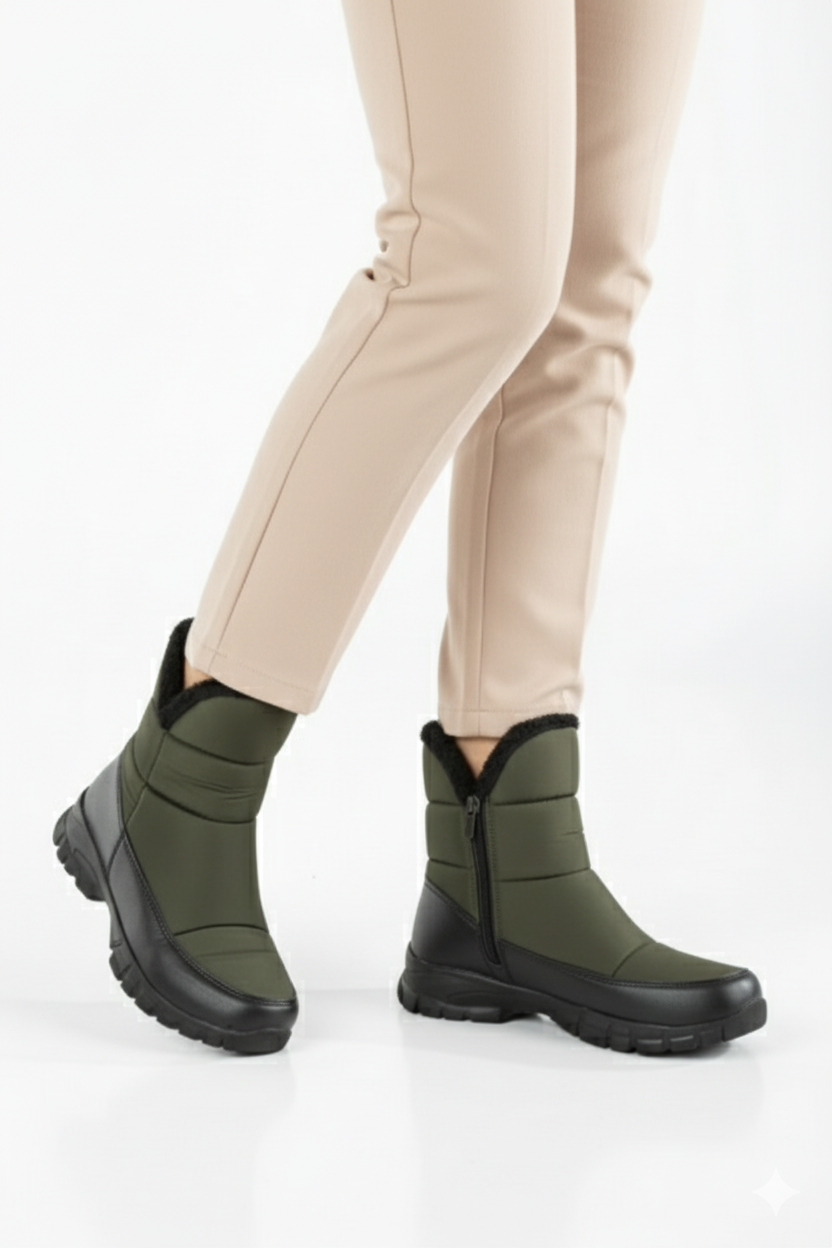 Snowly Haki Kaymaz Taban İçi Kürklü Fermuarlı Kar Botu