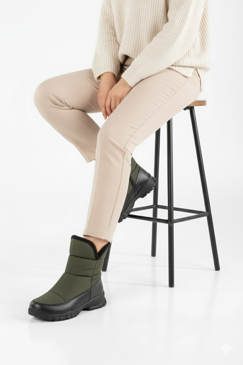 Snowly Haki Kaymaz Taban İçi Kürklü Fermuarlı Kar Botu