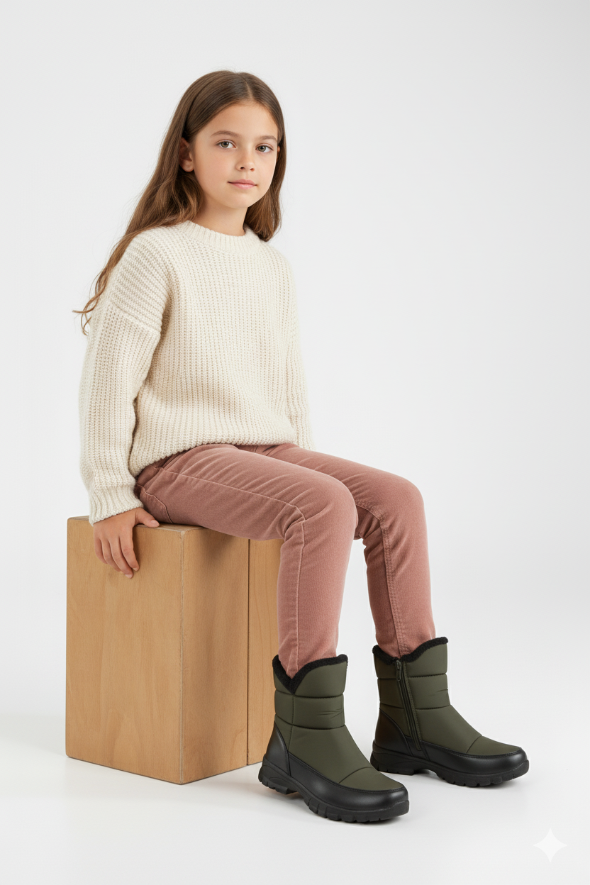 Snowly Haki Kaymaz Taban İçi Kürklü Fermuarlı Kar Botu