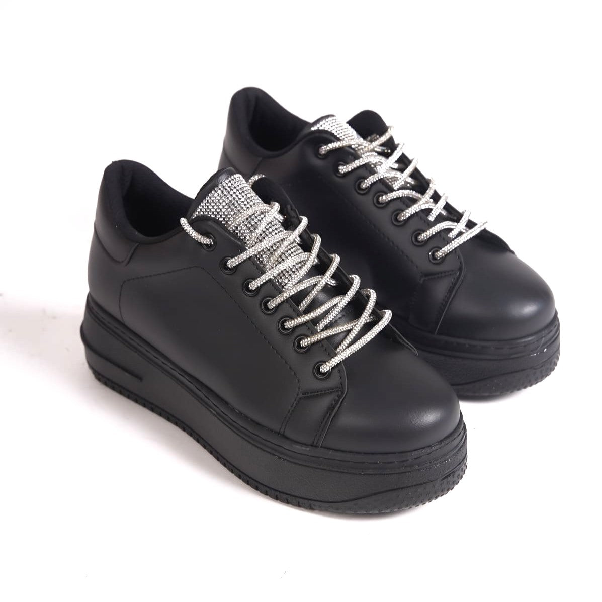 SoftFlex Bağcıklı Taşlı Ortopedik Kadın Sneaker - Siyah