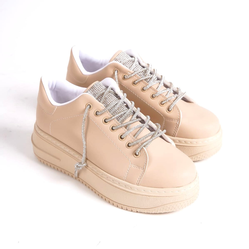 SoftFlex Bağcıklı Taşlı Ortopedik Kadın Sneaker - Ten