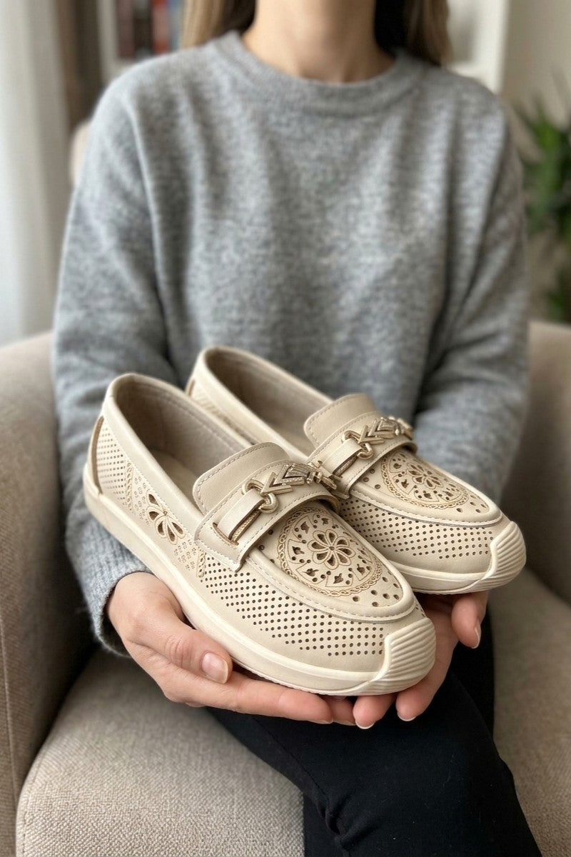 ZRJBT02 Comfort Ortopedik Rahat Günlük Babet - Çiçek Desen Krem