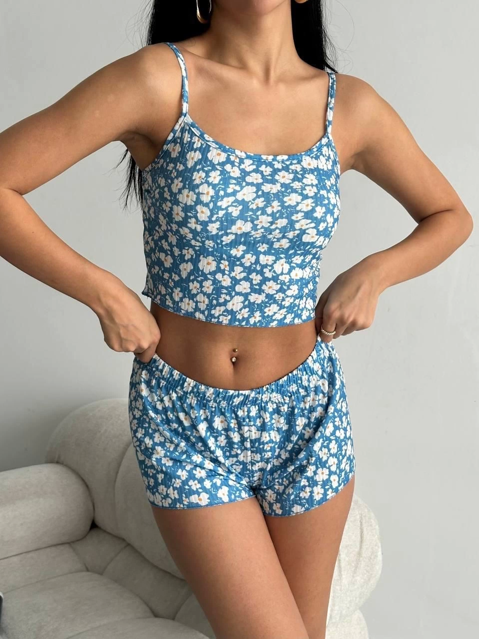 Çiçek Desenli Şort Mavi Pijama Takımı