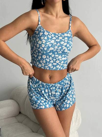 Çiçek Desenli Şort Mavi Pijama Takımı