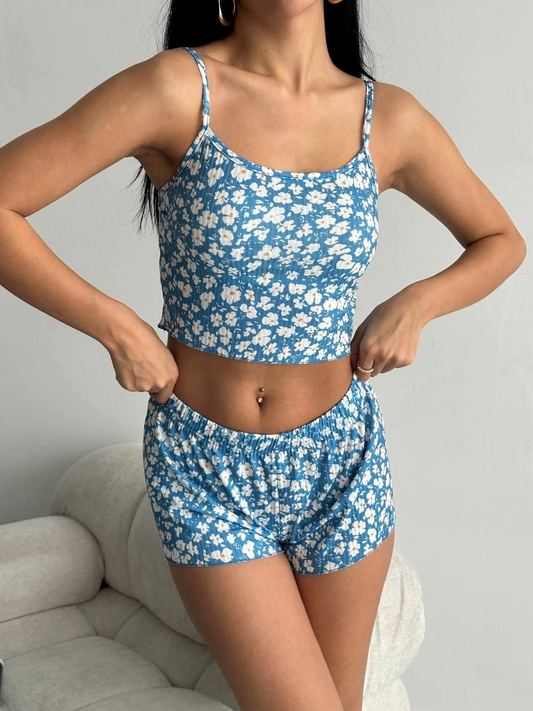 Çiçek Desenli Şort Mavi Pijama Takımı