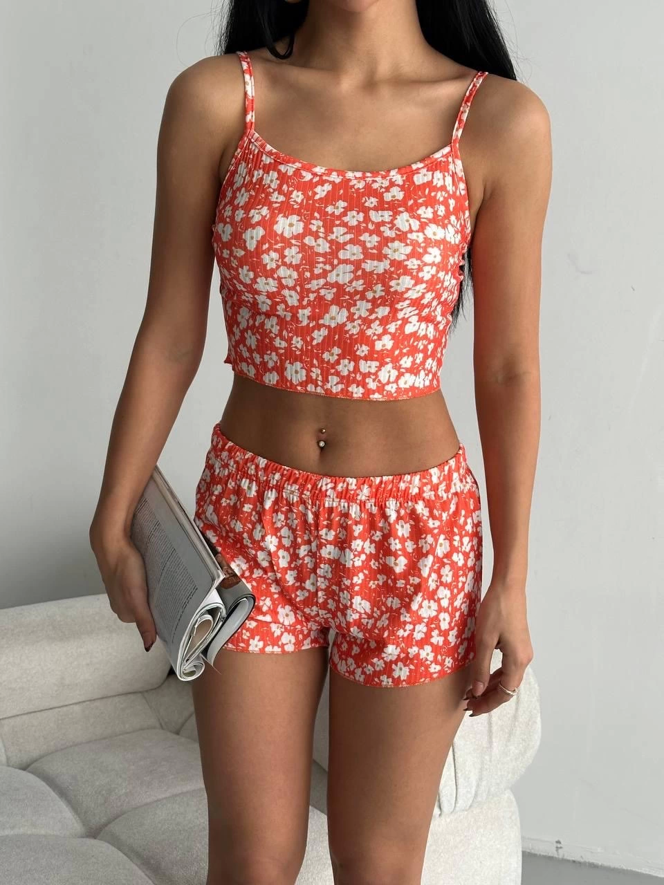 Floral Patterned Shorts Orange Pajama Set