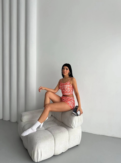 Çiçek Desenli Şort Turuncu Pijama Takımı