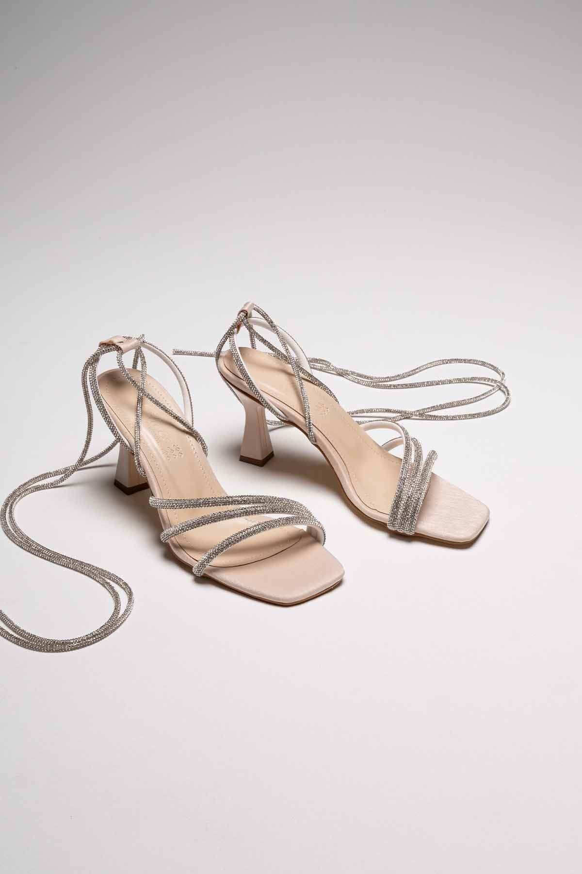 South Premium Beige Stoned Women's Heeled Sandals