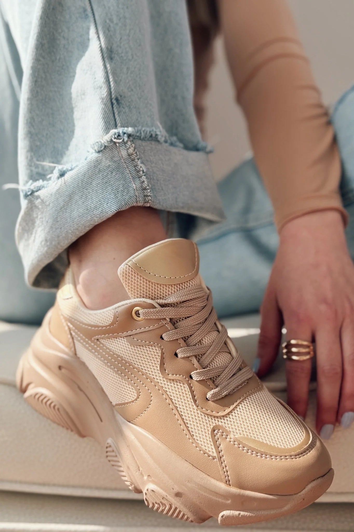 ZRİN-149 Nut Gold Bağcıklı Fileli Günlük Premium Kadın Sneaker