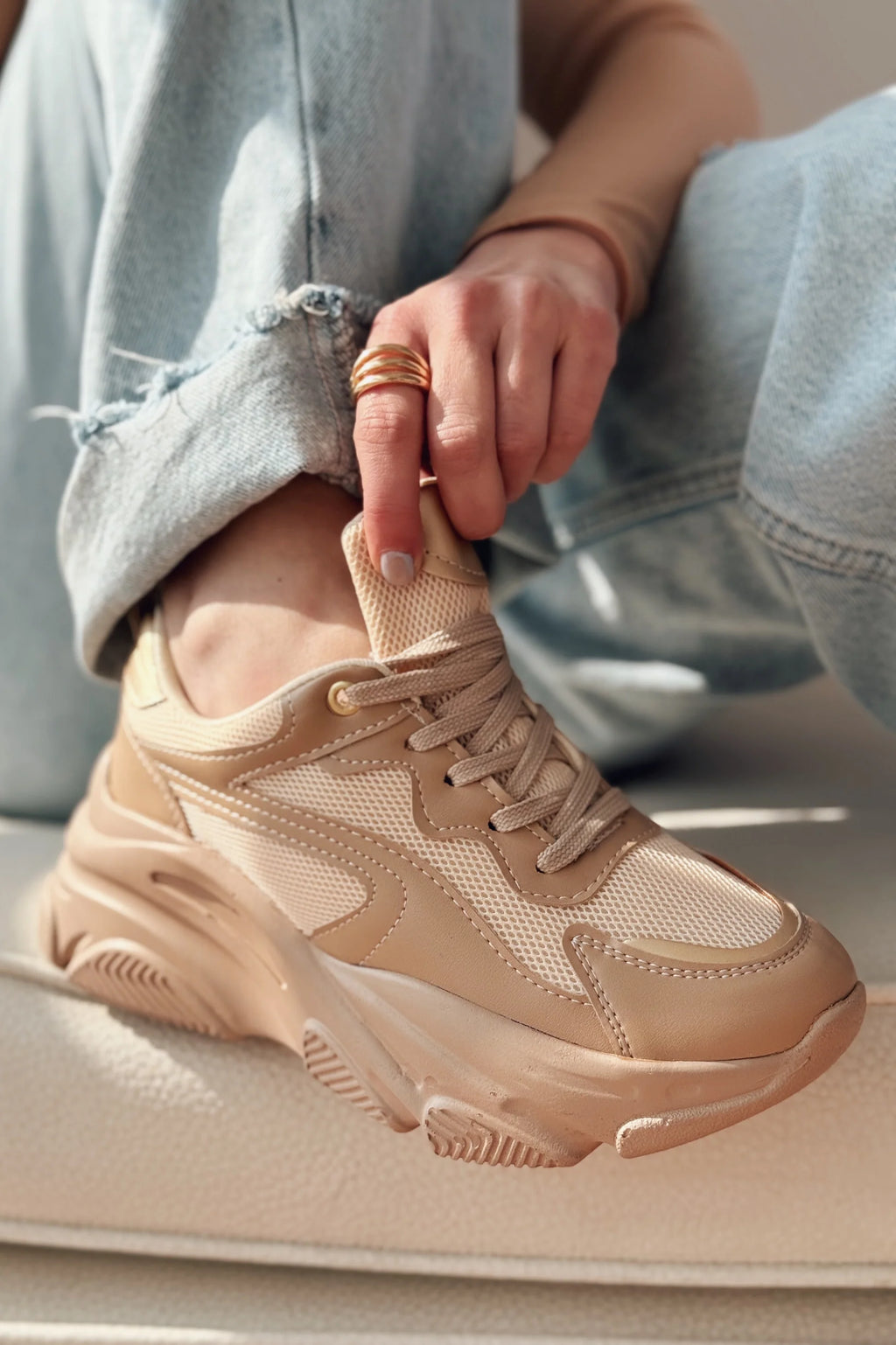ZRİN-149 Nut Gold Bağcıklı Fileli Günlük Premium Kadın Sneaker