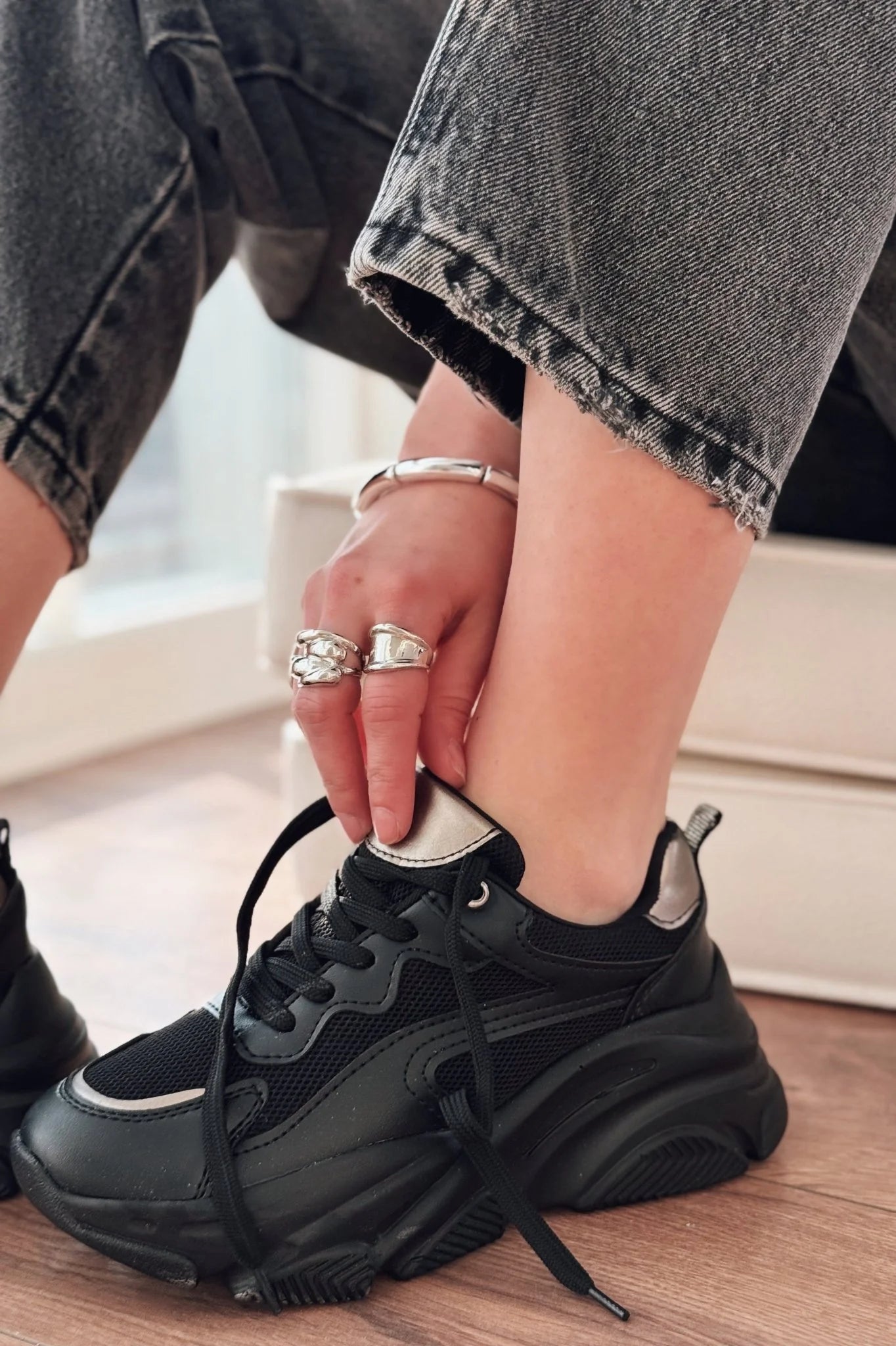 ZRİN-149 Siyah Platin Bağcıklı Fileli Günlük Premium Kadın Sneaker