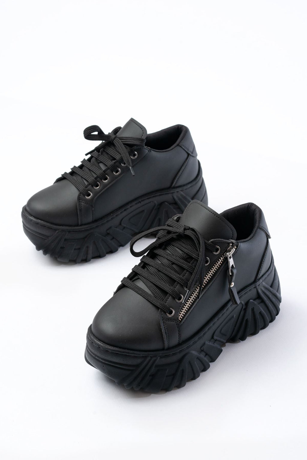 ZRİN-156 Premium Siyah Bağcıklı Fermuarlı Yüksek Taban Kadın Sneaker