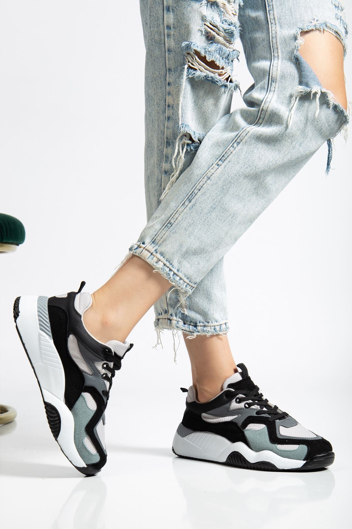 ZRİN-172-2 Premium Siyah Gri Bağcıklı Kadın Sneaker