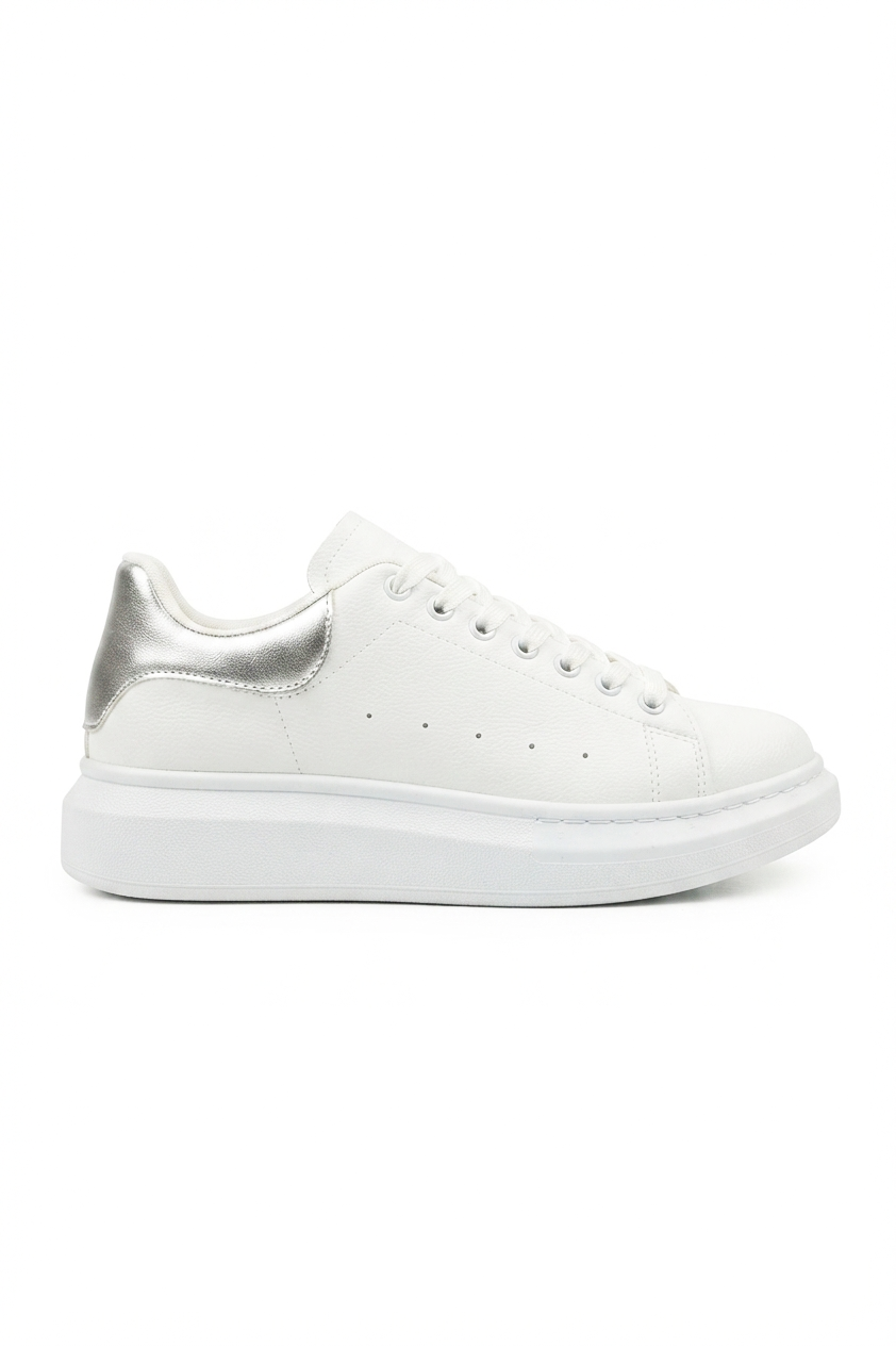 SPECTRA-01 Günlük Bağcıklı Ortopedik Kadın Sneaker Beyaz Gümüş