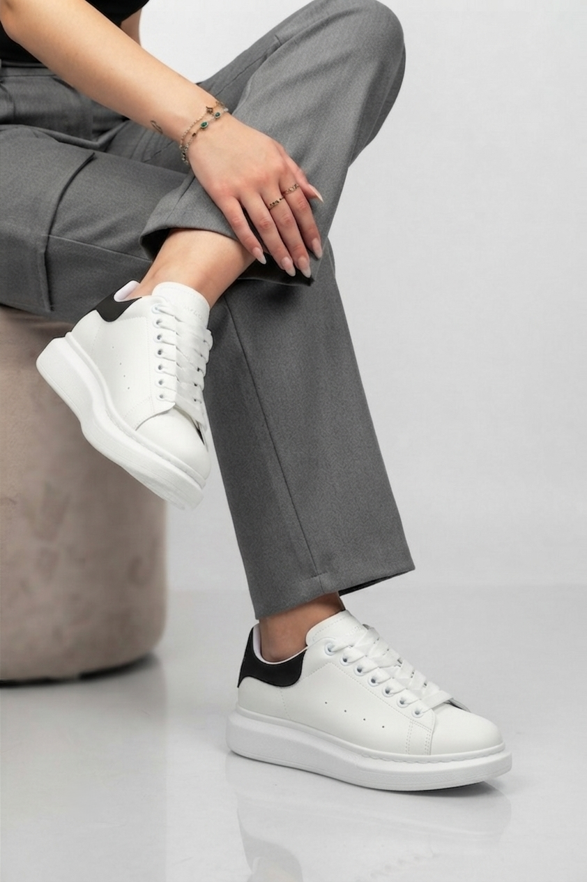 SPECTRA-01 Günlük Bağcıklı Ortopedik Kadın Sneaker Beyaz Siyah