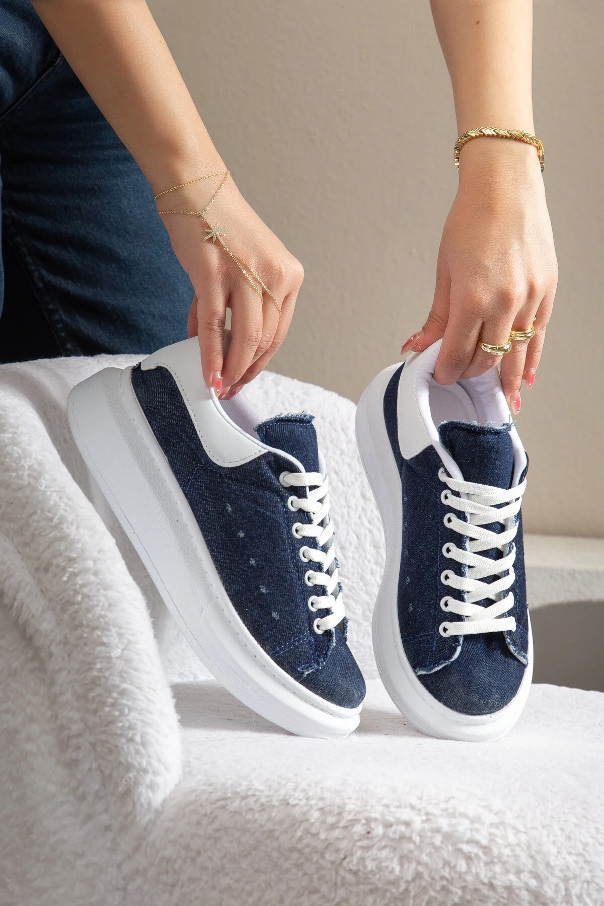 SPECTRA-01 Günlük Bağcıklı Ortopedik Kadın Sneaker Beyaz Mavi Kot