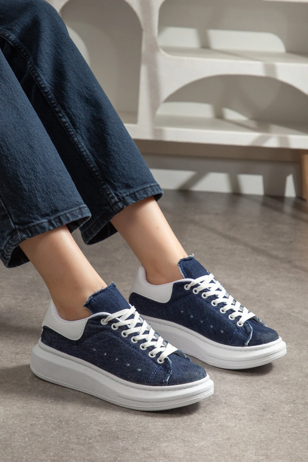 SPECTRA-01 Günlük Bağcıklı Ortopedik Kadın Sneaker Beyaz Mavi Kot