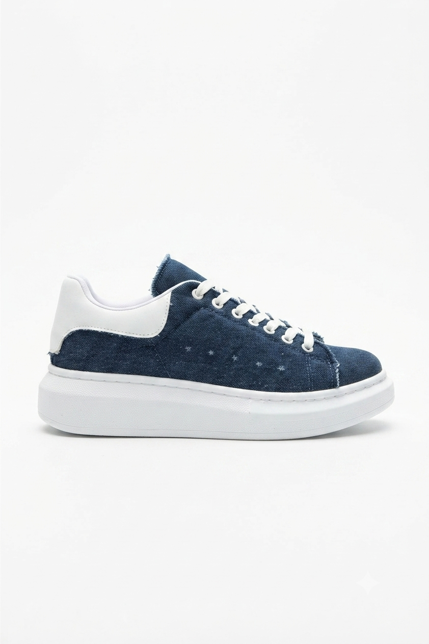 SPECTRA-01 Günlük Bağcıklı Ortopedik Kadın Sneaker Beyaz Mavi Kot