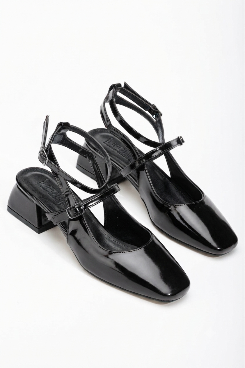 ZRİN-003 Premium Siyah Rugan Günlük 4 cm Mary Jane Topuklu Ayakkabı