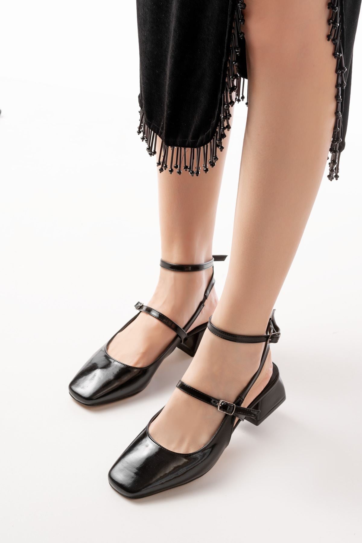 ZRİN-003 Premium Siyah Rugan Günlük 4 cm Mary Jane Topuklu Ayakkabı