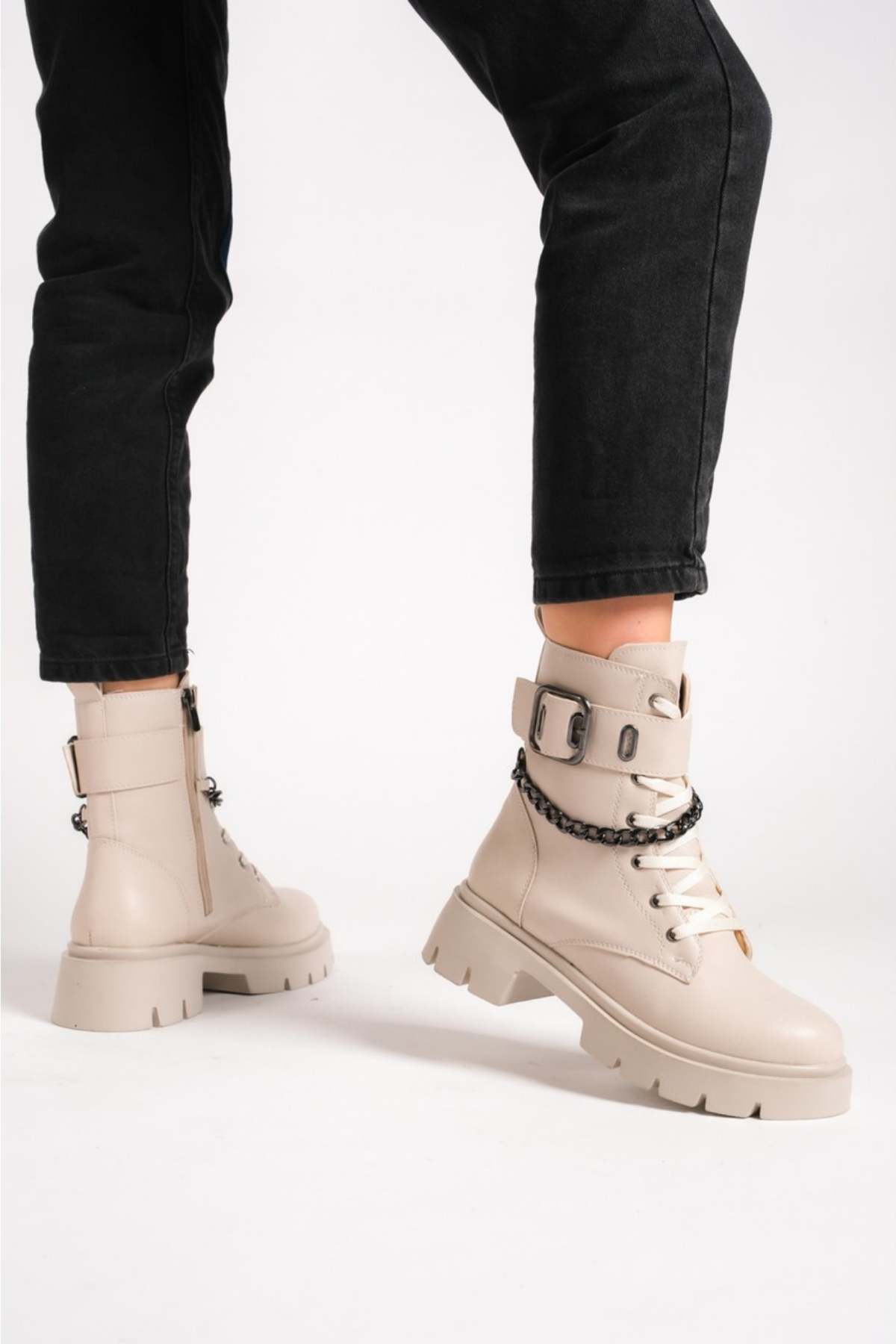 Manoral Waterproof Chain Zippered Women's Beige Boots 
