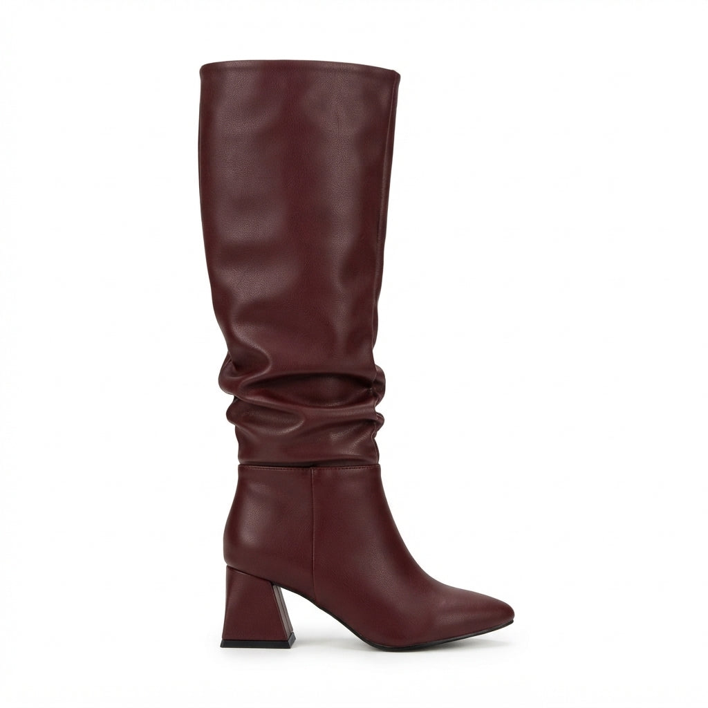 ZRİNX-2002 Premium Bordo Körüklü Kalın Topuklu Kadın Çizme 7 cm