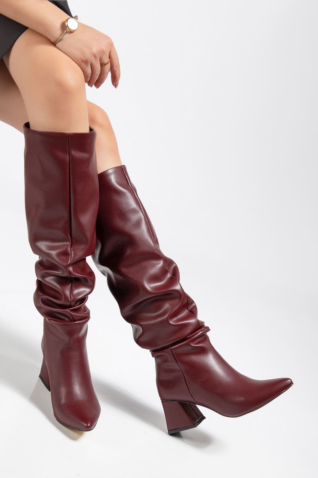 ZRİNX-2002 Premium Bordo Körüklü Kalın Topuklu Kadın Çizme 7 cm