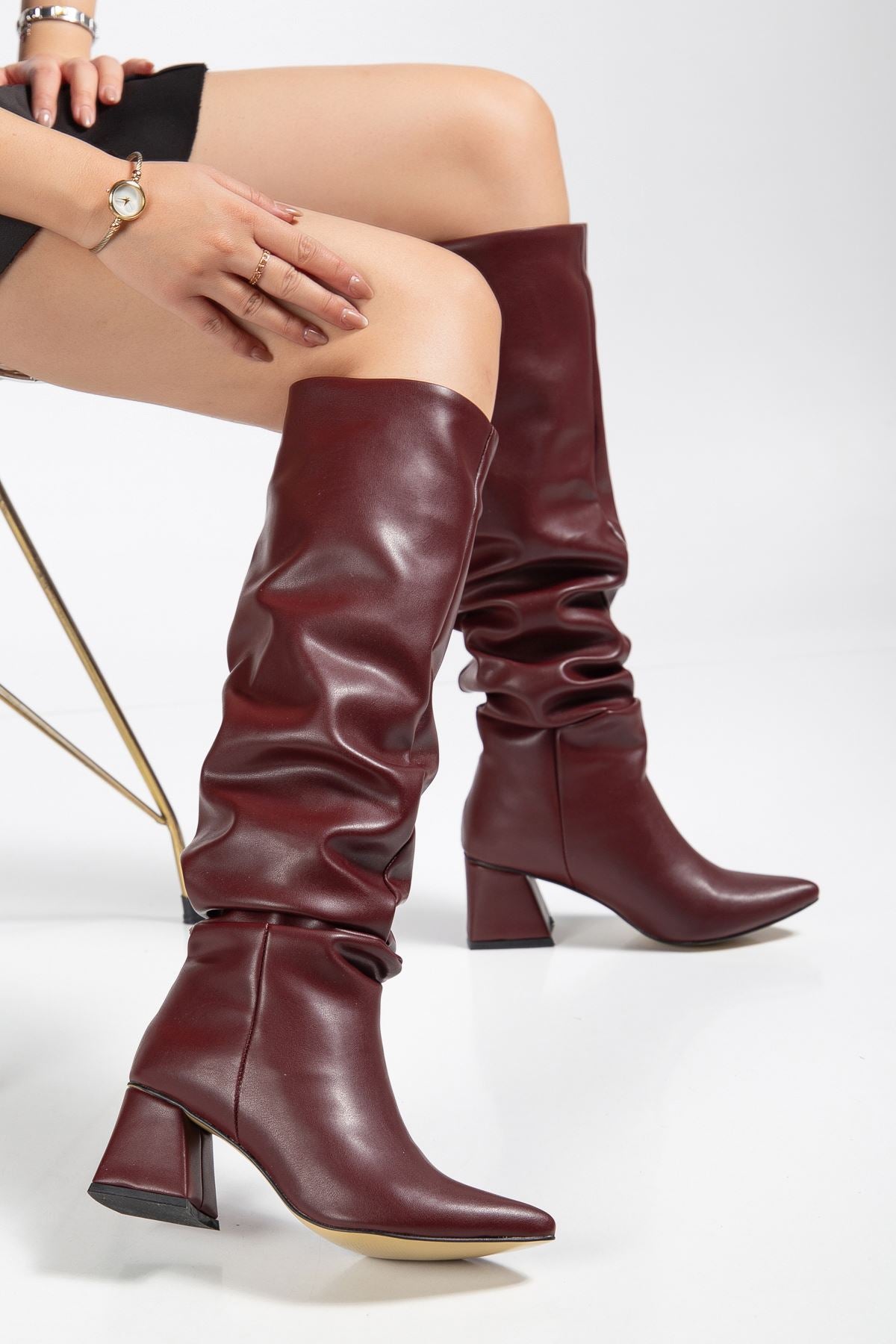 ZRİNX-2002 Premium Bordo Körüklü Kalın Topuklu Kadın Çizme 7 cm