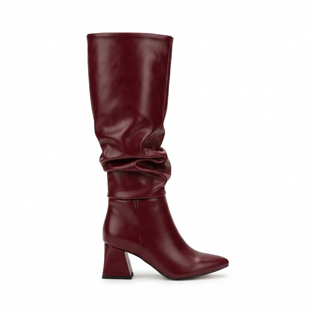 ZRİNX-2002 Premium Bordo Kırışık Rugan Körüklü Kalın Topuklu Kadın Çizme 7 cm