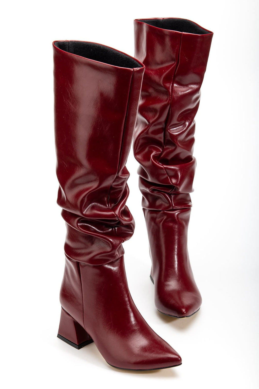 ZRİNX-2002 Premium Bordo Kırışık Rugan Körüklü Kalın Topuklu Kadın Çizme 7 cm