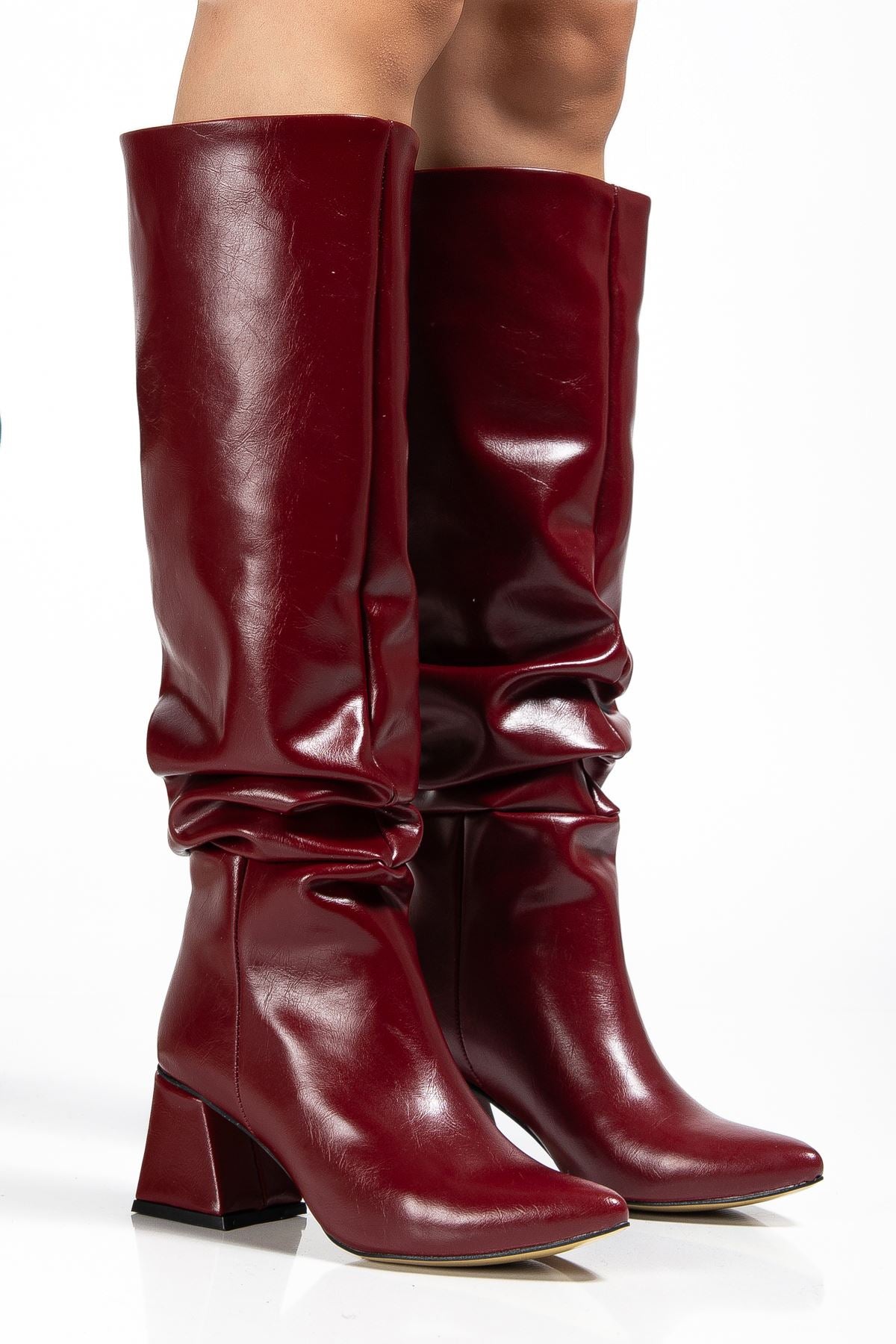 ZRİNX-2002 Premium Bordo Kırışık Rugan Körüklü Kalın Topuklu Kadın Çizme 7 cm