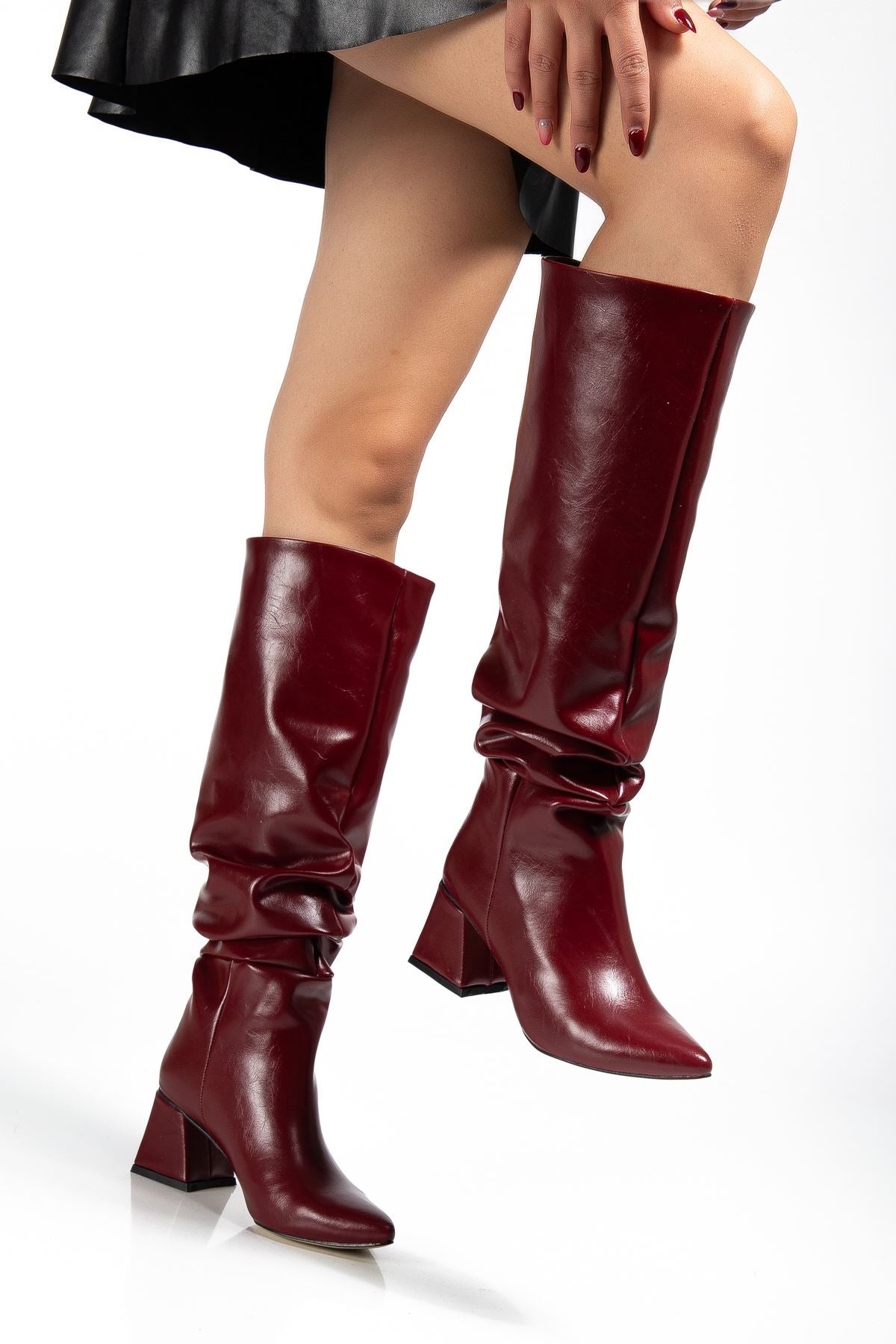 ZRİNX-2002 Premium Bordo Kırışık Rugan Körüklü Kalın Topuklu Kadın Çizme 7 cm
