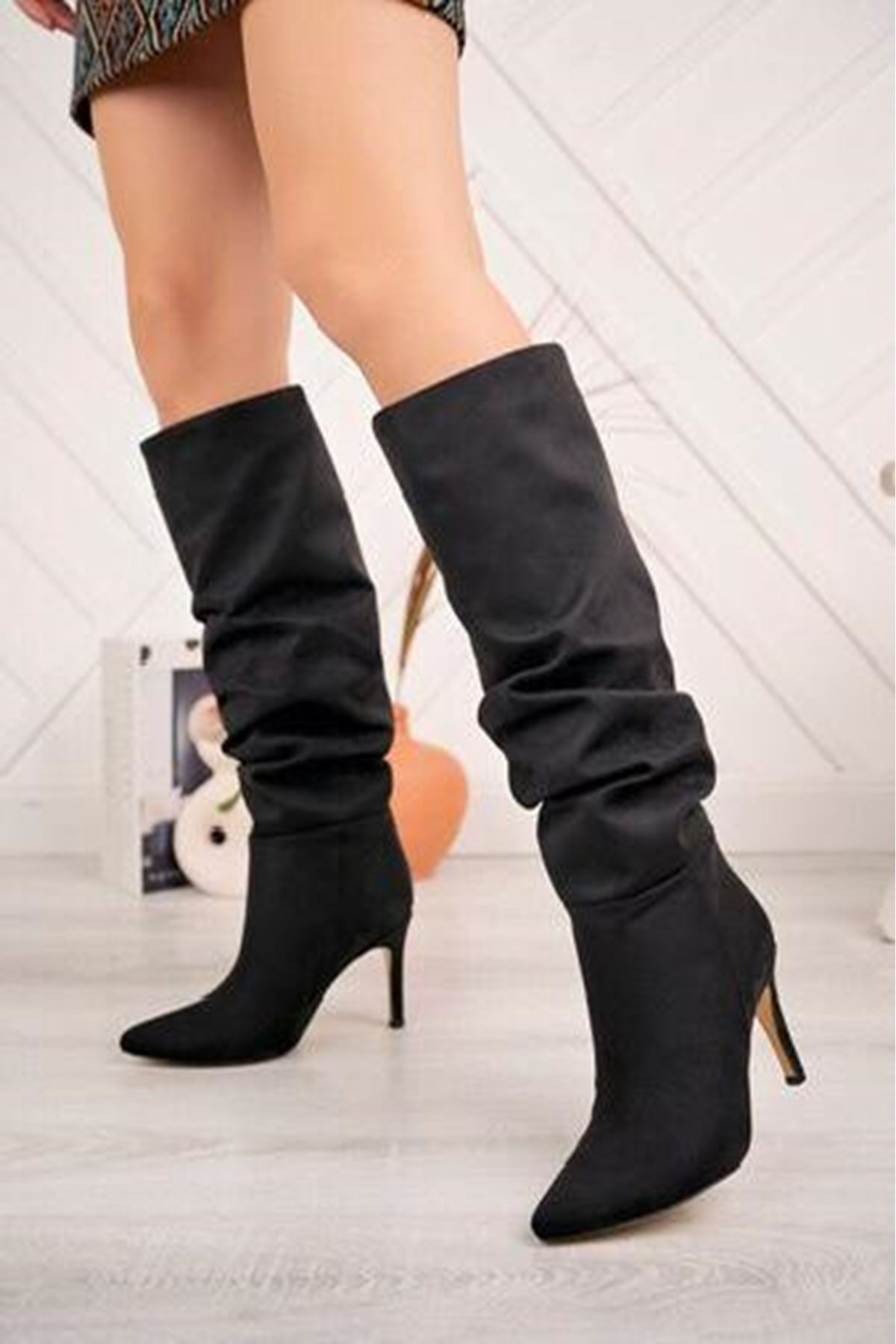 ZRİNXX-2003 Premium Siyah Süet Körüklü İnce Topuklu Günlük Kadın Çizme 11 cm