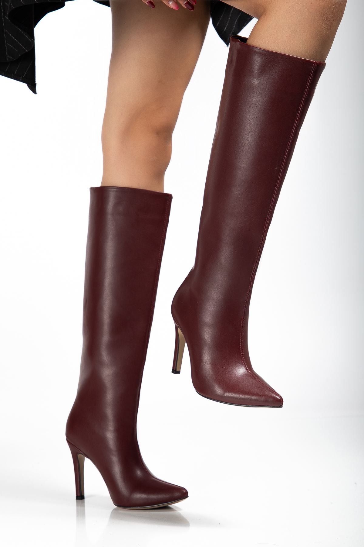 ZRİNX-2004 Premium Bordo Sivri Burun İnce Topuklu Kadın Çizme 9,5 cm
