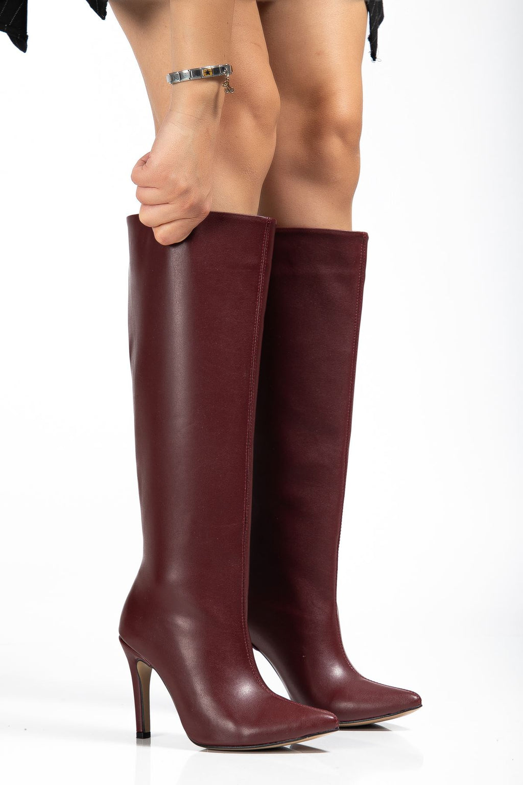 ZRİNX-2004 Premium Bordo Sivri Burun İnce Topuklu Kadın Çizme 9,5 cm