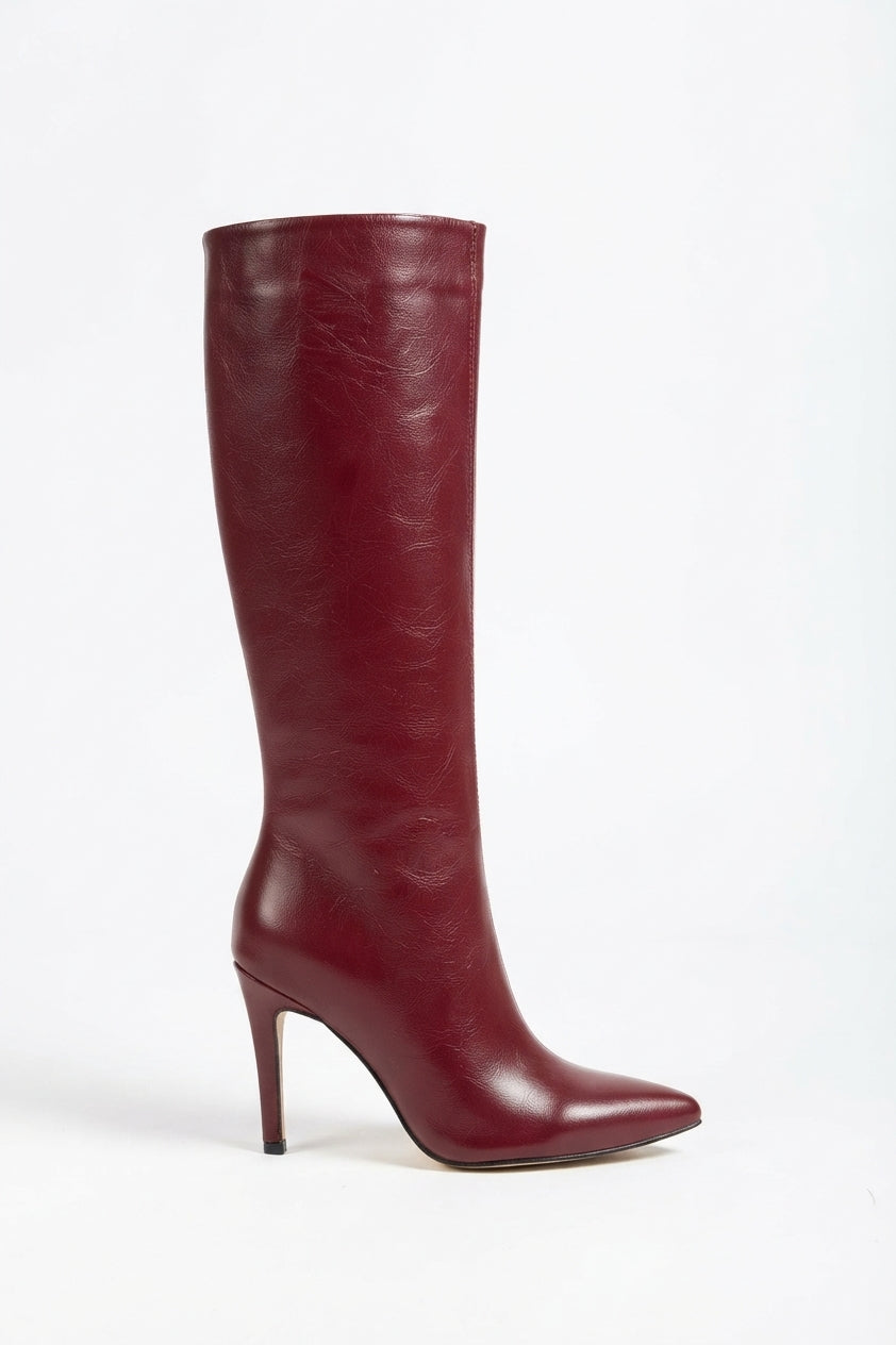 ZRİNX-2004 Premium Bordo Kırışık Rugan Sivri Burun İnce Topuklu Kadın Çizme 9,5 cm