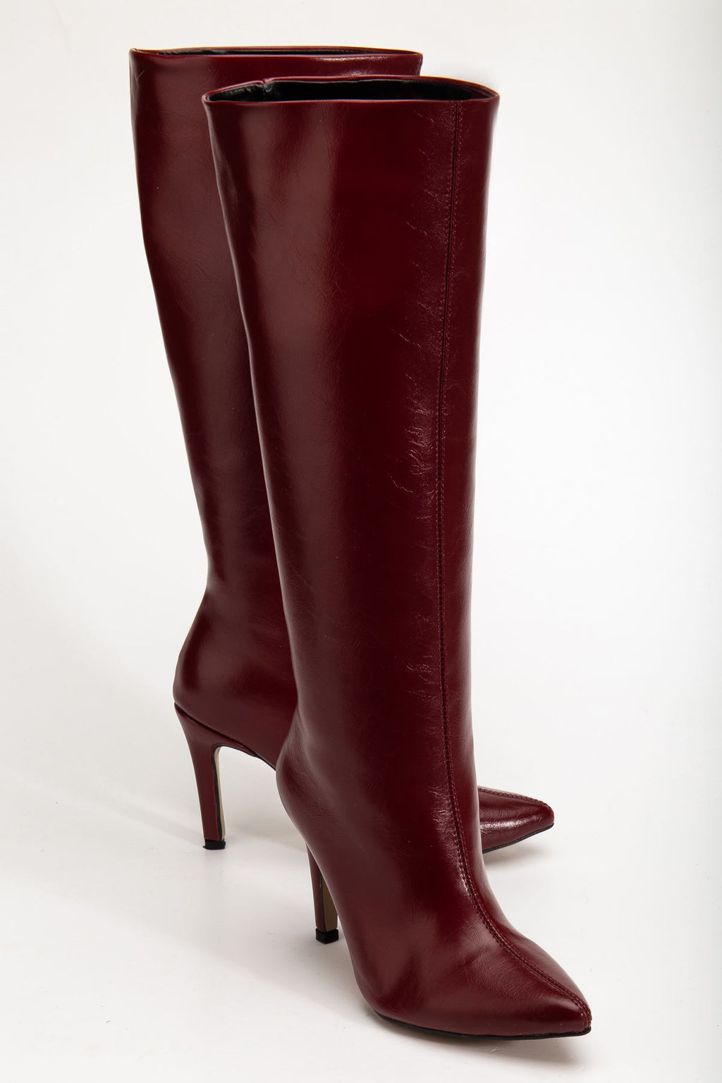 ZRİNX-2004 Premium Bordo Kırışık Rugan Sivri Burun İnce Topuklu Kadın Çizme 9,5 cm