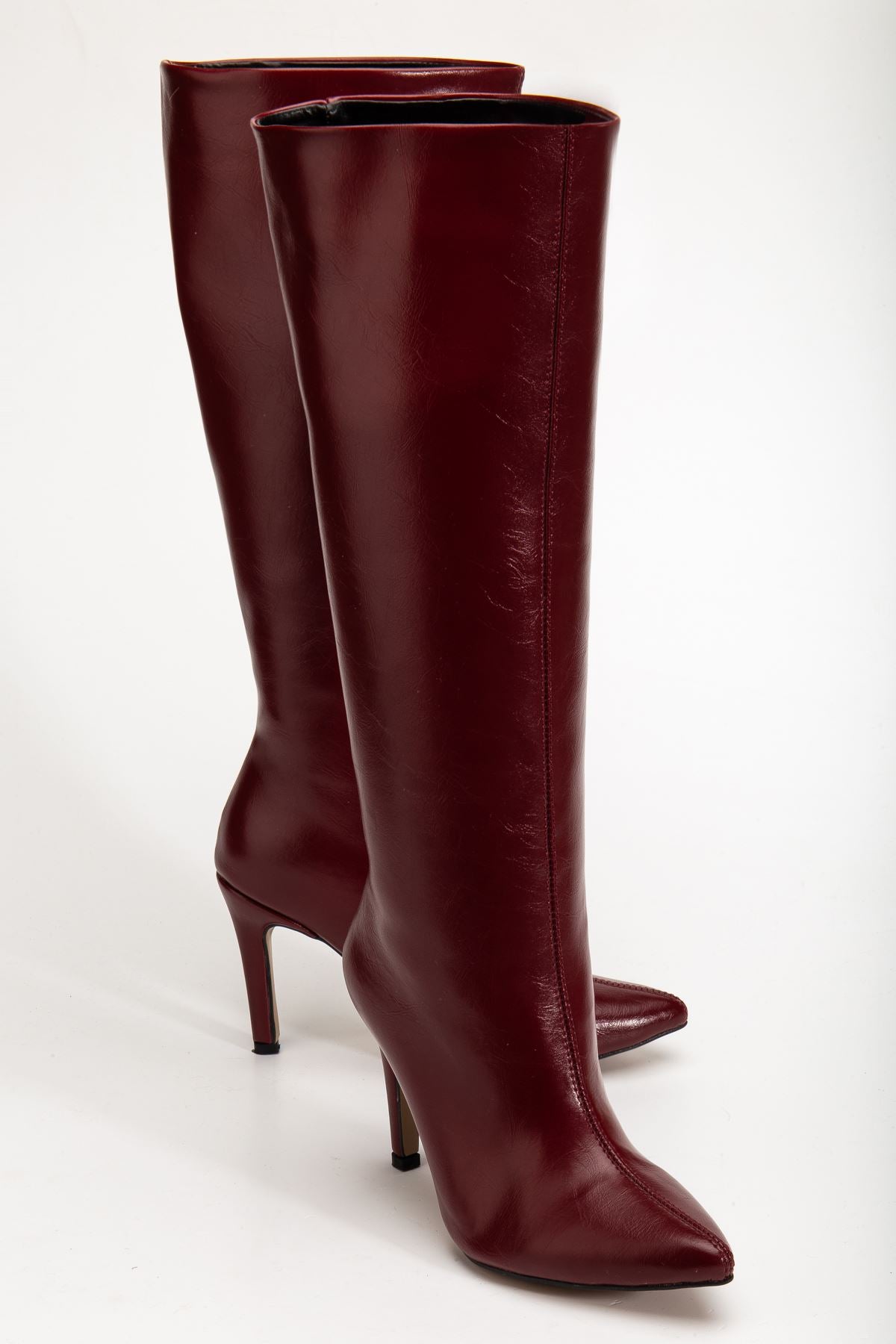 ZRİNX-2004 Premium Bordo Kırışık Rugan Sivri Burun İnce Topuklu Kadın Çizme 9,5 cm