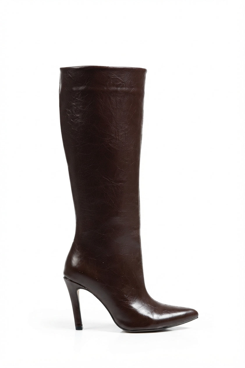 ZRİNX-2004 Premium Kahve Kırışık Rugan Sivri Burun İnce Topuklu Kadın Çizme 9,5 cm