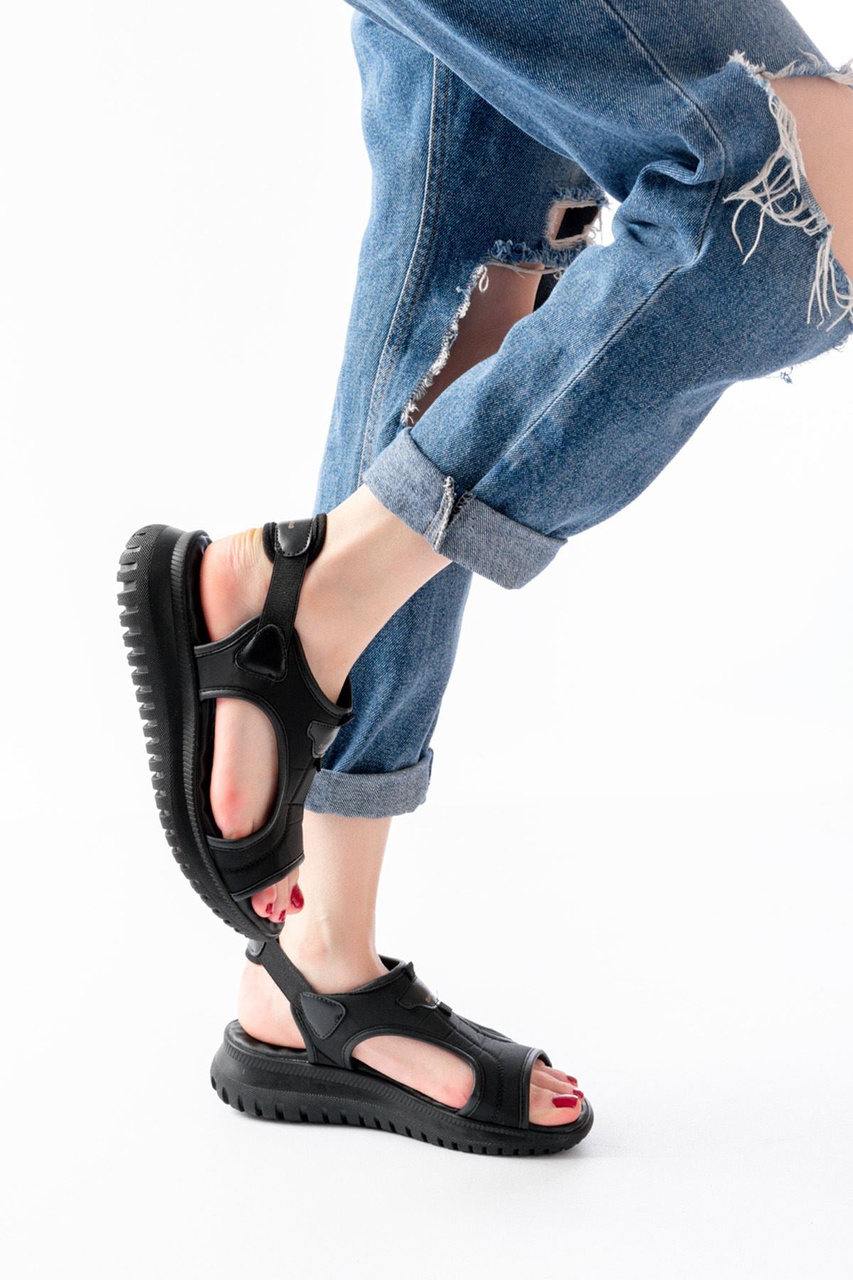 Spring Premium Siyah Spring Paraşüt Kumaş Lastikli Ortopedik Kadın Sandalet
