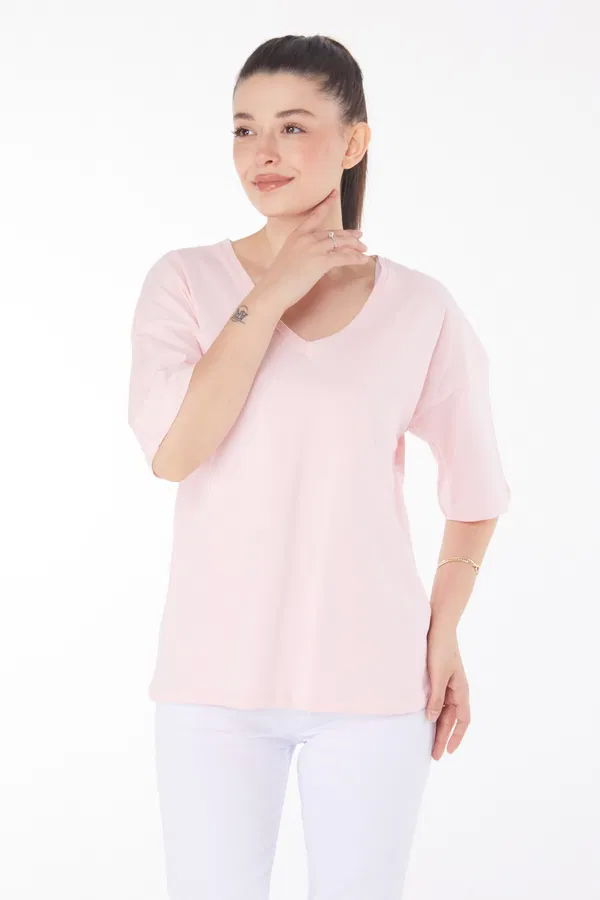 V Yaka Rahat T-Shirt Pembe
